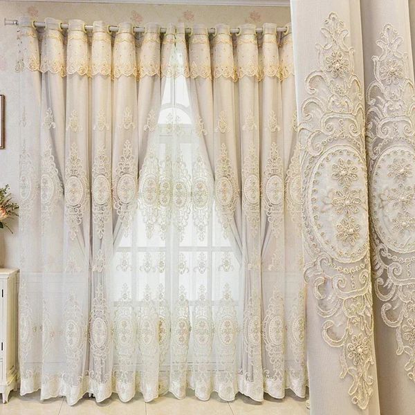 Tende trasparenti a doppio strato ricamate in rilievo di lusso per soggiorno Tende oscuranti 3D floreali perle trasparenti Tulle Decorazioni per la camera da letto Tende trasparenti in pizzo personalizzato 240321