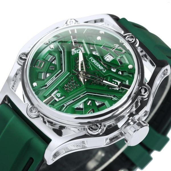 Наручные часы Forsining Спортивные механические часы Модные зеленые календари с полым циферблатом Светящаяся стрелка Автоматические мужские часы Повседневные резиновые часы
