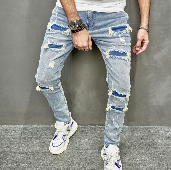 Новые мужские джинсы, уличная одежда с отверстиями, узкие мужские стильные рваные однотонные повседневные брюки, узкие джинсовые брюки в стиле хип-хоп