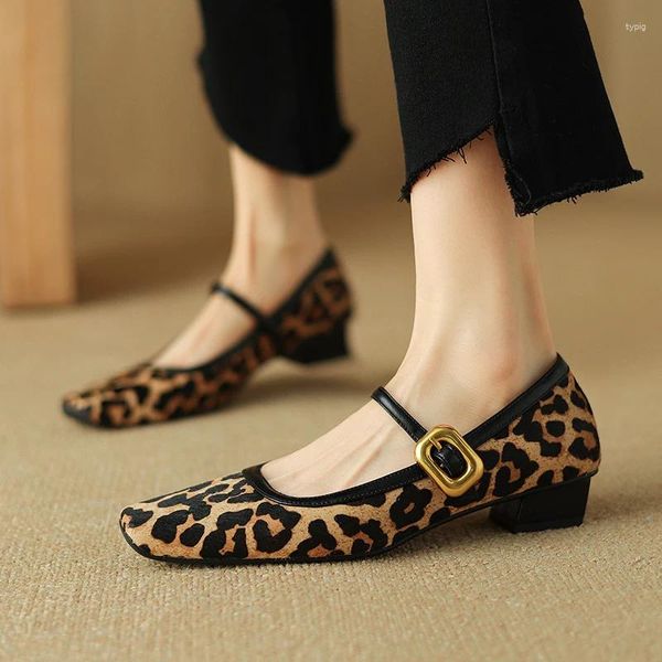 Scarpe eleganti Primavera/Estate Décolleté da donna Punta quadrata Tacco grosso Crine di cavallo Leopardato per Mary Jane concise con fibbia alta