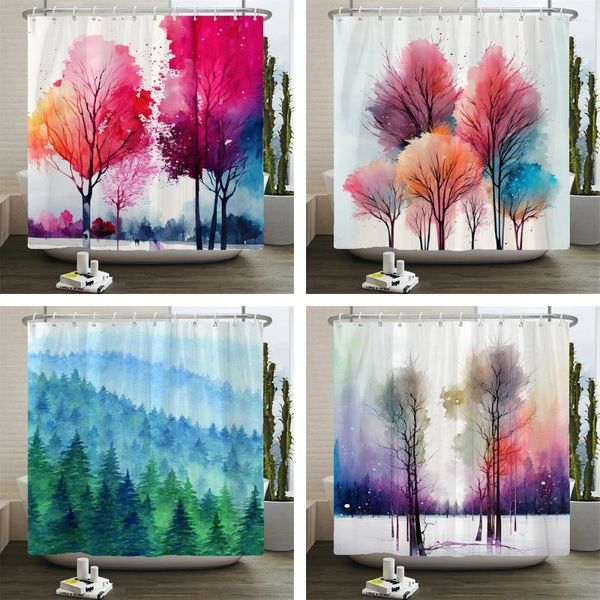 Cortinas de chuveiro 3d aquarela árvore cortina planta floral padrão impresso tecido impermeável poliéster decoração de banheiro com ganchos