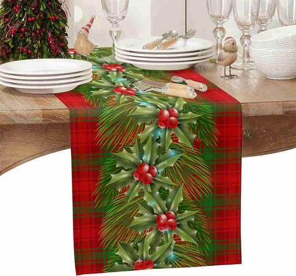 Corredor de mesa natal pinho ramo holly berry corredores de linho cômoda lenços vermelho verde verificação cozinha decoração yq240330