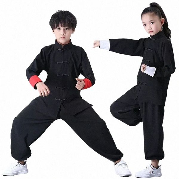 bambini Kung Fu uniforme tradizionale abbigliamento cinese per le ragazze dei ragazzi Wushu Costume Top pantaloni insieme del vestito Tai Chi Folk Stage Outfit d1wG #