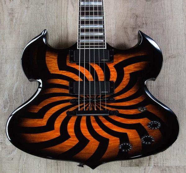 Wylde Audio Barbarian HellFire Black Buzzsaw Orange Quilted Maple Top SG E-Gitarre, großes Block-Inlay, 3-Gang-Regler, Schwarz H8995866