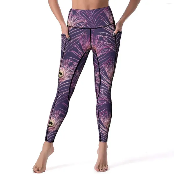 Aktif pantolon Violet Peacock Feathers Yoga Hayvan Baskı Egzersiz Salonu Taytlar Push Up Sport Retro Teşhal Doğum Günü hediyesi