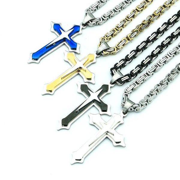 Ketten Mehrfarbige drei Schichten Kreuz Edelstahl Männer Frauen Halsketten Anhänger Kette Punk Modeschmuck Großhandel Drop