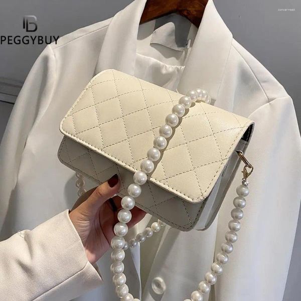 Borsa moda donna pelle PU reticolo di colore puro catena di perle tracolla tracolla borsa piccola borsa da donna casual