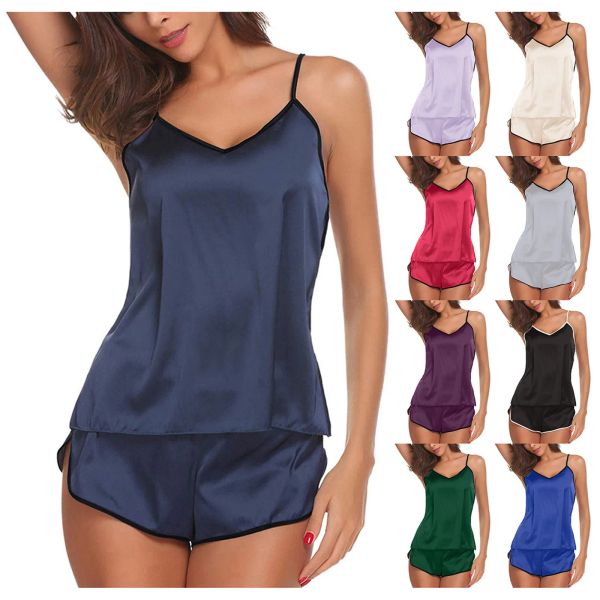 Pulverização de espaguete feminino pijama cetas de coletes de coletes sexy lingerie cetim cetim camisole pijamas para mulheres pontos de roupa de dormir