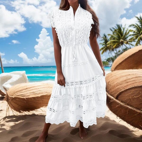 Vestidos casuais elegante oco para fora babados retalhos vestido de verão para mulheres moda branco/céu azul sem mangas rendas férias sundress