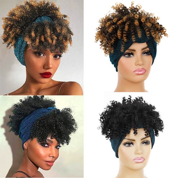 Perücken synthetische Afro -Puff -Stirnband -Perücken Kurzer Afro Kinky Curl Stirnband Perücken Wärme Widerstand Turban Wrap Stirnbänder Perücken für schwarze Frauen