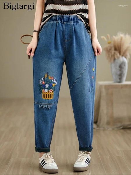 Damen-Jeans, übergroß, Frühlingsblumen-Stickerei, Damenhose, elastisch, hohe Taille, modische Damenhose, lässige, lockere Damen-Haremshose