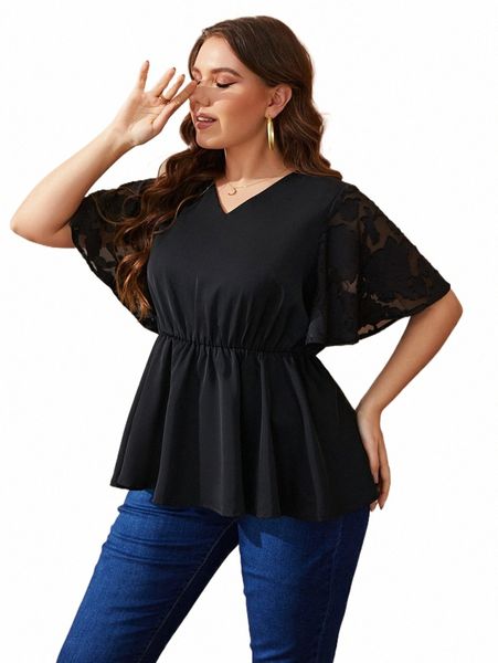 Plus Size V Neck Mulheres Blusa Ver Através de Mangas Curtas Ruffle Top Camisas Cor Sólida Solta Casual Elegante Tee Roupas de Verão a1Gk #