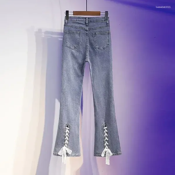 Jeans da donna Blu Kawaii a vita alta S Pantaloni in denim femminili svasati con decorazioni Pantaloni neri svasati con fondo a campana elasticizzato Z