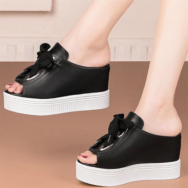 Sapatos de vestido Altura Aumentando Sandálias Mulheres Couro Genuíno Open Toe Plataforma Cunha Salto Alto Mules Slide On Slipper Punk Oxfords Casual