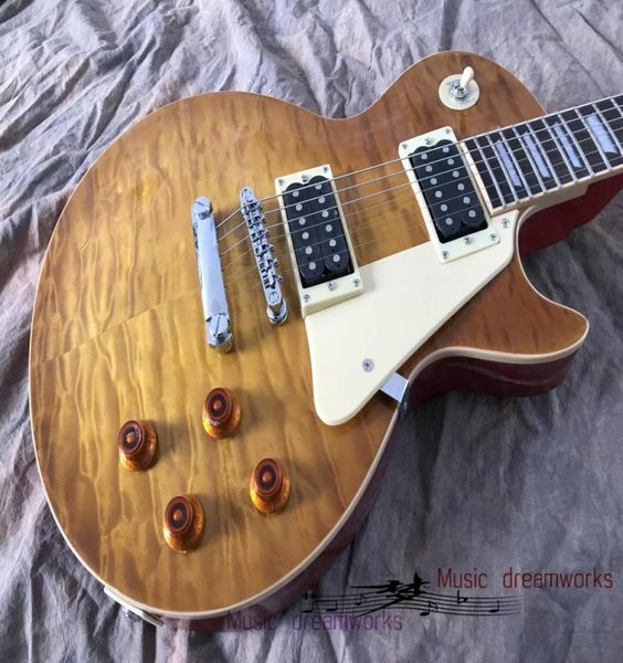 Çin OEM Powers Gümrük Mağazası Elektro Gitar Yorgan ED MAPLE Tek Parça Ahşap Vücut ve Boyun Ebony Klavye Gerçek Sarı Bağlayıcı 3136148