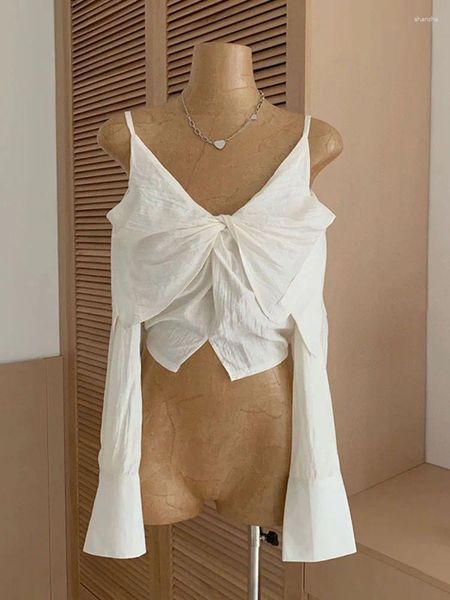 Camicette da donna Donna Scollo a V Bianco Gyaru Clubwear Vintage Office Lady Camicie basic con spalle scoperte Y2K Streetwear Crop Top Mori Girl Tide