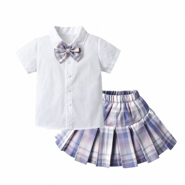 2 stücke Kinder Mädchen Japanischen Stil Plaid Rock Outfits Kurzarm Bowknot Hemd Tops Falten Mini Rock Kinder Schuluniformen m5vw #