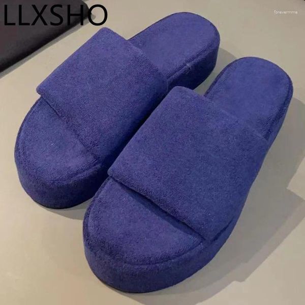 Pantofole Blu scuro Velluto per bambini Casa da donna Autunno Tinta unita Piattaforma Suola spessa Peluche Signora versatile alla moda