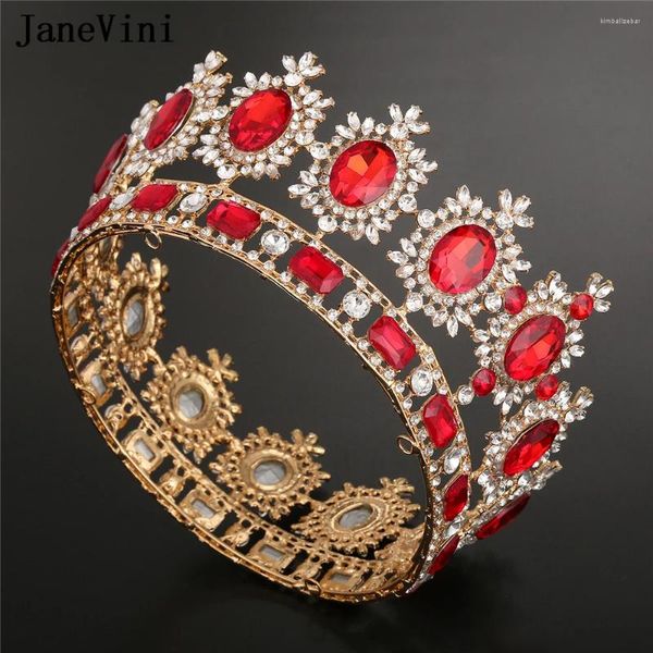 Fermagli per capelli JaneVini Corone rosse e diademi in stile europeo Gioielli da sposa con strass in cristallo di lusso Copricapo da sposa rotondo grande