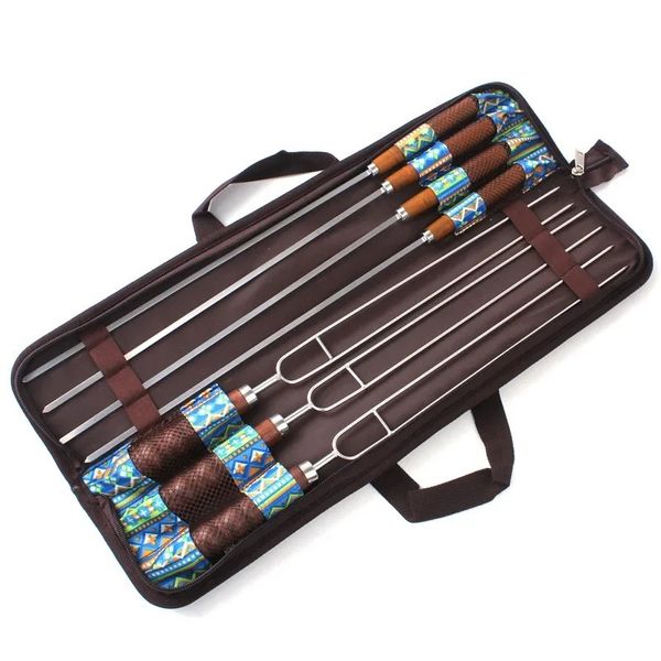 7pcs/Set Edelstahl-Grillspieße im Freien tragbare Grillnadel/Sticks Gabel Set Holzgriff Picknickwerkzeuge- Für Picknickwerkzeuge des Holzgriffs