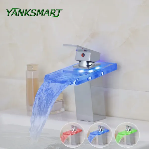 Rubinetti per lavandino del bagno Rubinetto a cascata in vetro cromato lucido YANKSMART Miscelatore a LED per montaggio su piano e freddo