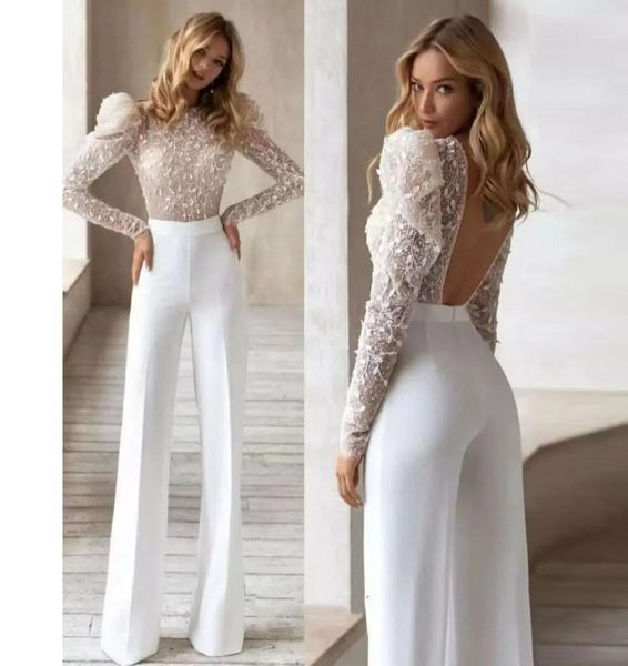 Vestido de casamento branco macacão para mulheres sem costas calças conjunto para noivas brilho manga longa vestidos de noiva robe festa novi9306739