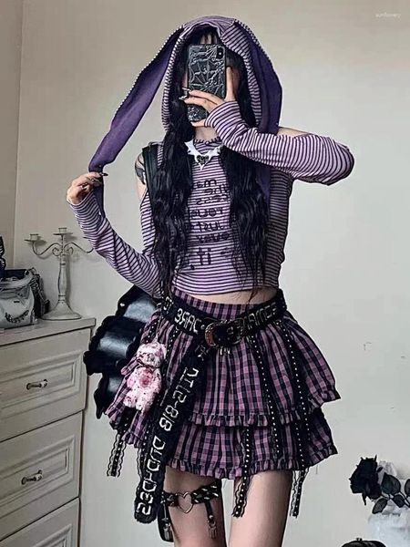 Damen T-Shirts QWEEK Y2k Ohren Grafik Crop Frauen Harajuku Kawaii Gestreift Schulterfrei Kapuze Tops Ästhetische Goth Niedliche Lolita T-Shirts