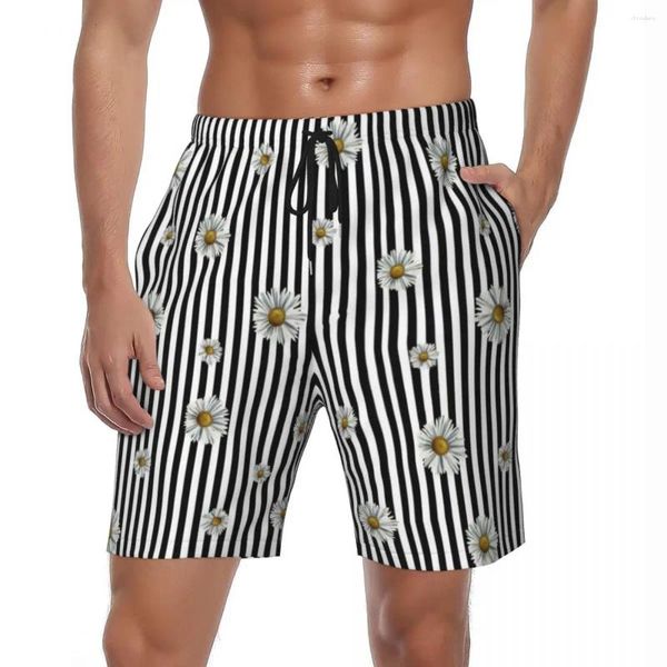 Pantaloncini da uomo Linea in bianco e nero da palestra Estate Stampa margherita Pantaloni corti da spiaggia classici da uomo che corrono da surf Costume da bagno ad asciugatura rapida