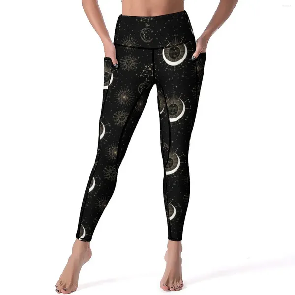 Damen-Leggings, Vintage-Symbol, sexy Sonne, Mond, Sterne, Aufdruck, Fitnessstudio, Yogahose, hohe Taille, elastische Sportstrumpfhose, Neuheit, grafische Leggins