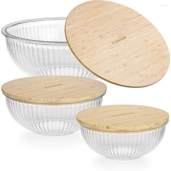 Garrafas de armazenamento Recipientes de vidro seguros para micro-ondas empilháveis - Tigelas de mistura de bambu para salada Conjunto de cozimento para cozinha