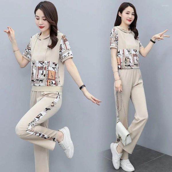 Calças de duas peças femininas conjunto com capuz 2024 verão moda suor terno feminino coreano manga curta legal casual temperamento solto fino