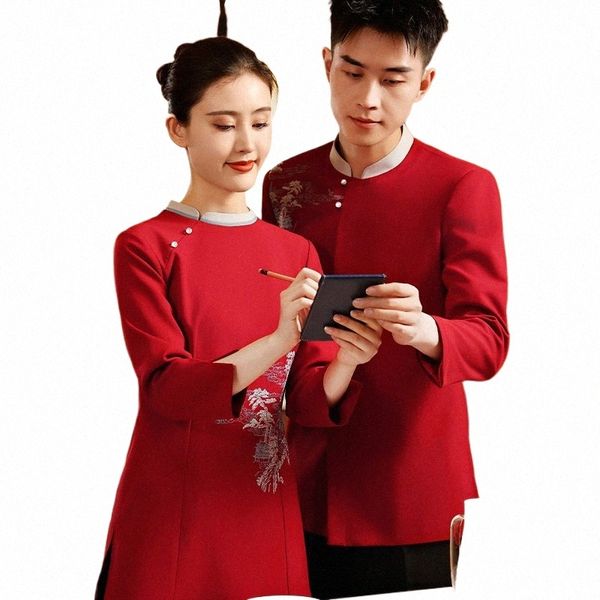 Hotel Garçom Lg manga vermelha LG camisa + calças pretas definir chinês Catering Hotpot logotipo personalizado roupas de trabalho atacado uniforme Q8gr #