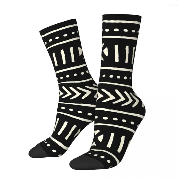 Meias masculinas retro preto e branco louco unisex africano lama pano mudcloth bogolan arte harajuku impresso tripulação meia