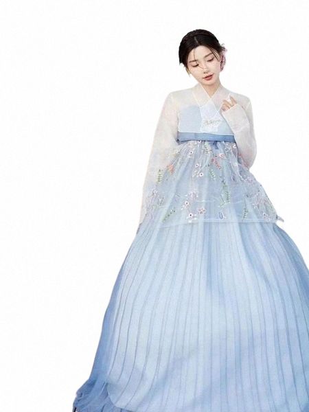 Новый Синий Ханбок Для Женщин Корейский Традиционный Костюм Дворец Меньшинств Представление Суд Одежда Fr Свадьба Танец Dr N89h #