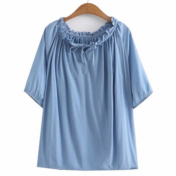 Plus size blusas femininas 2023 verão rendas-up barco pescoço cor sólida camisetas de manga curta topos curvas de grandes dimensões roupas 92Ai #