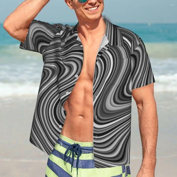 Camisas casuais masculinas preto branco prata linha cinza camisa de praia homem moderno geométrico havaiano manga curta na moda blusas de grandes dimensões presente