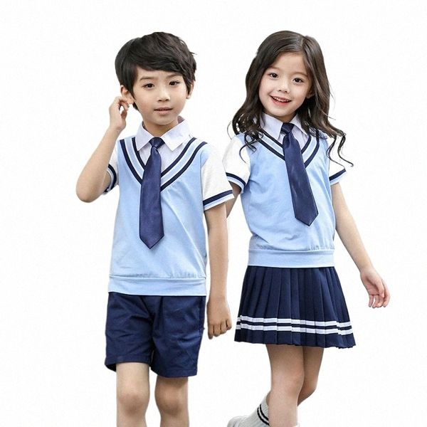 Estilo japonês Estudante Meninas Meninos Uniformes Escolares Falso Duas Peças Top Saia Plissada Cott Shorts Set Graduati Trajes K4kE #