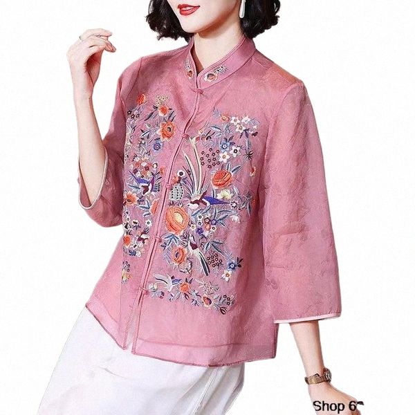 2024 Sommer Chiff Damenbekleidung Chinesische Traditial Femal Kleidung Frühling Chinesisches Qipao Gesticktes Hemd Ethnische Fi Top A6En #