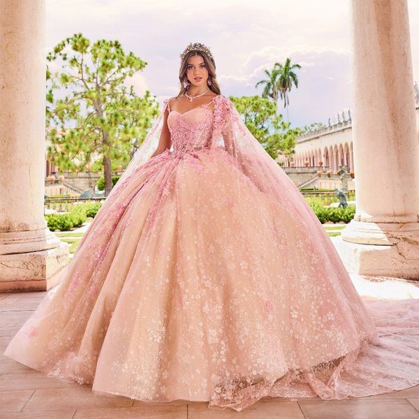 Işıltılı pembe quinceanera elbise balo aplikler boncuk payetler kabarık etek şampanya astar tatlı 15 16 elbise vestidos