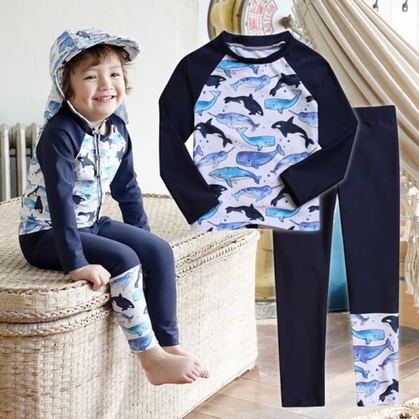 Wear 2PC Jungen Dophins Badeanzug zweisteuelhafte Kinder Badebekleidung Schwimmkappe Strandkappe Baby Badeanzug Cartoon Split Hautausschlag Wachmann Badeanzug Badeanzug