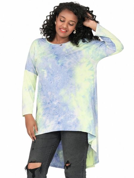 Plus Size Lg manica elegante Tie Dye tunica Top Lg allentato autunno Hi Low Swing camicetta T-shirt Plus Size Abbigliamento Donna 5XL 6XL 03BV #