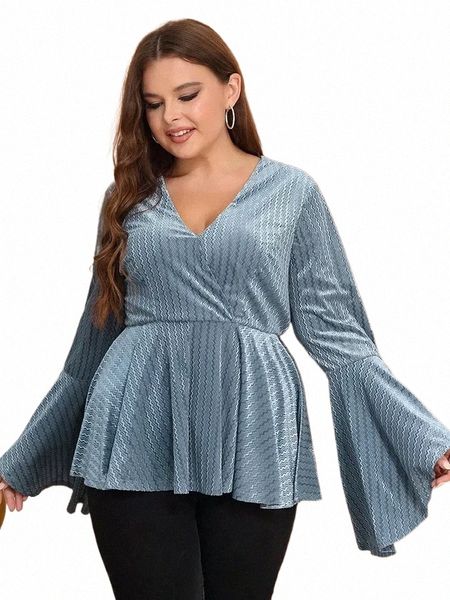 Gedruckte T-Shirts für Frauen Blau V-Ausschnitt Lg Flare Ärmel Tunika Herbst Elegante Streetwear Party Abend Fi Plus Size Tops b6Bo #