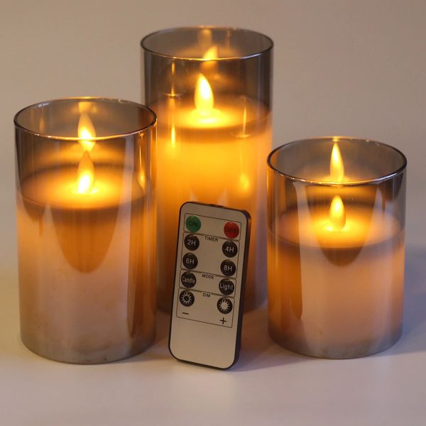 Velas sem chama d 3 x h 4 5 6 pilares de cera real de vidro movendo chama pavio velas led e controle remoto de 10 teclas 240326