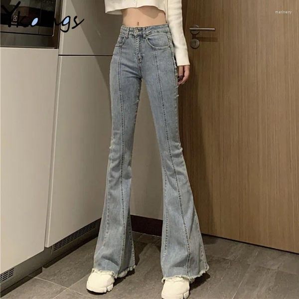 Damen Jeans Sommer Baumwolle Hohe Taille Quaste Bell-Bottom Frauen Slim Flare Denim Hosen Hosen Stretch Skinny Wide Mom Streetwear