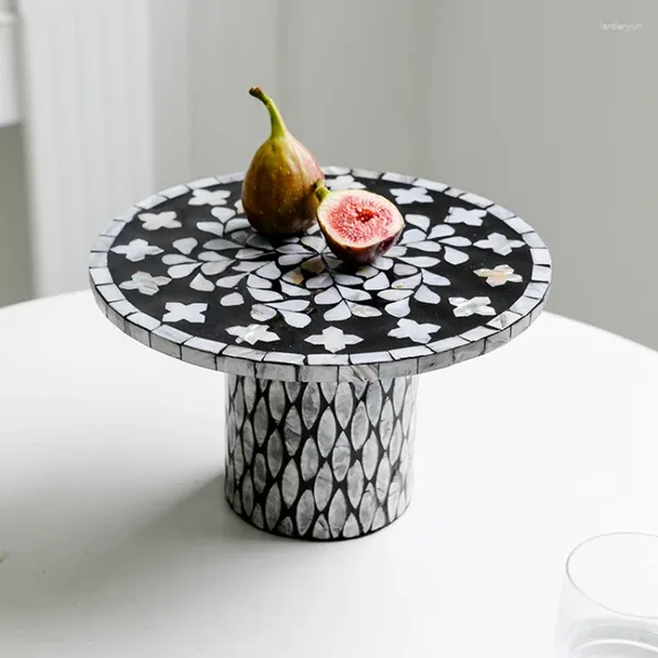Teller Retro High-End-Muschel eingelegt mit hochbeinigem Holztablett Desserttisch Dekorative Ornamente kreativ für Kuchenregal