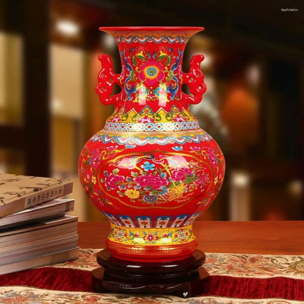 Vasos Jingdezhen Porcelana Cristal Esmalte Chinês Flor Vermelha Vaso Decoração Moderna Cerâmica