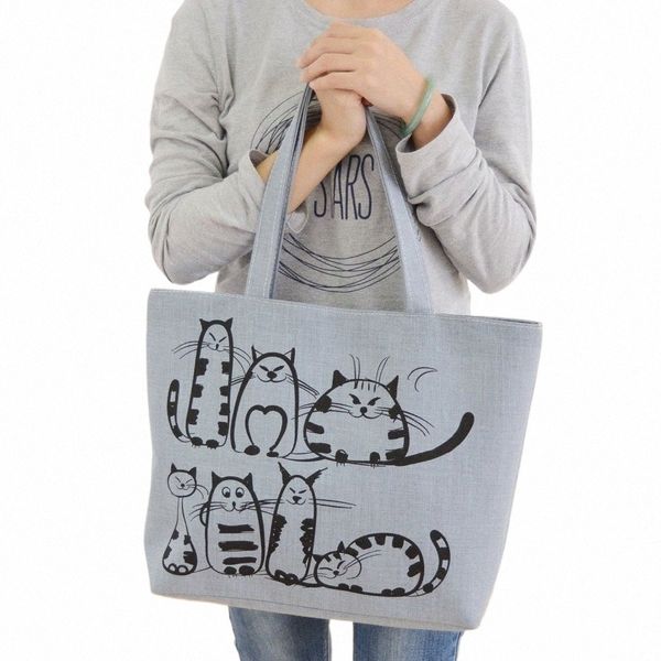 Carto Cats Impresso Beach Zipper Bag Mulheres Fi Canvas Tote Shop Handbags Z3SJ #