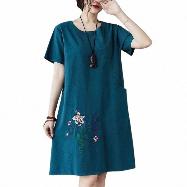 Cott Leinen Robe Lg Hemd Lose Künstlerische Chinesische Traditial frauen Top Retro Kleidung Dr kurzarm Stickerei Robe x2UK #