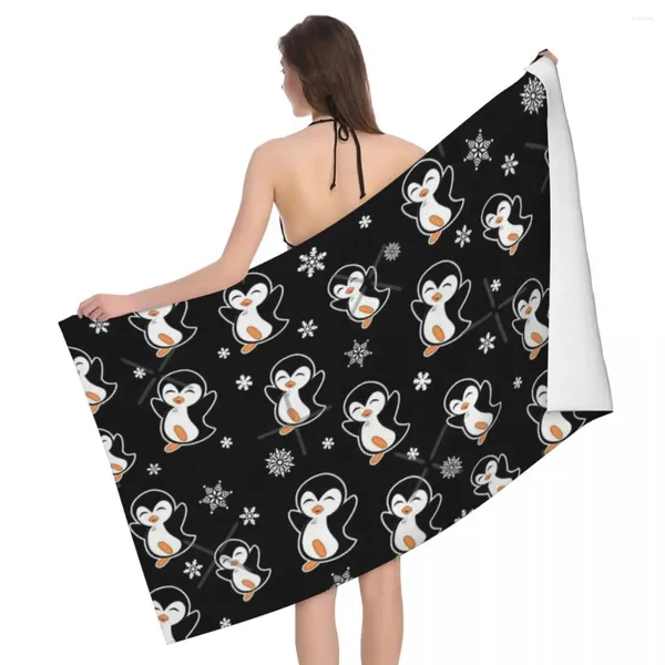 Toalha Pinguins bonitos e flocos de neve 80x130cm Tecidos de microfibra de banho para presente de feriado de piscina