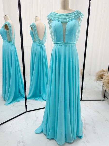 Partykleider Lake Blue Heavy Worker Pearl Chiffon A-förmiges Performance-Bankett-Abendkleid M1330